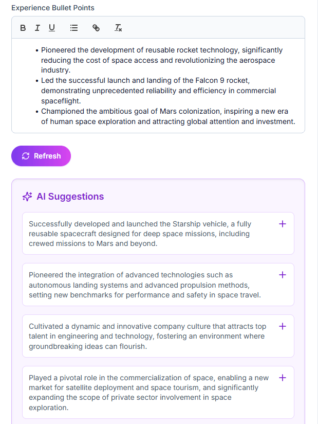 AI writing suggestions panel offering rewritten resume bullet points