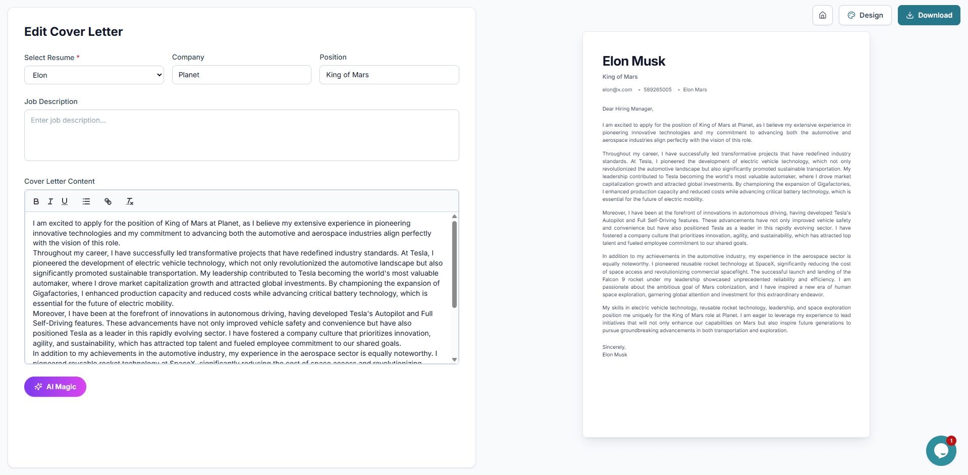 Cover letter generator matched to a job description