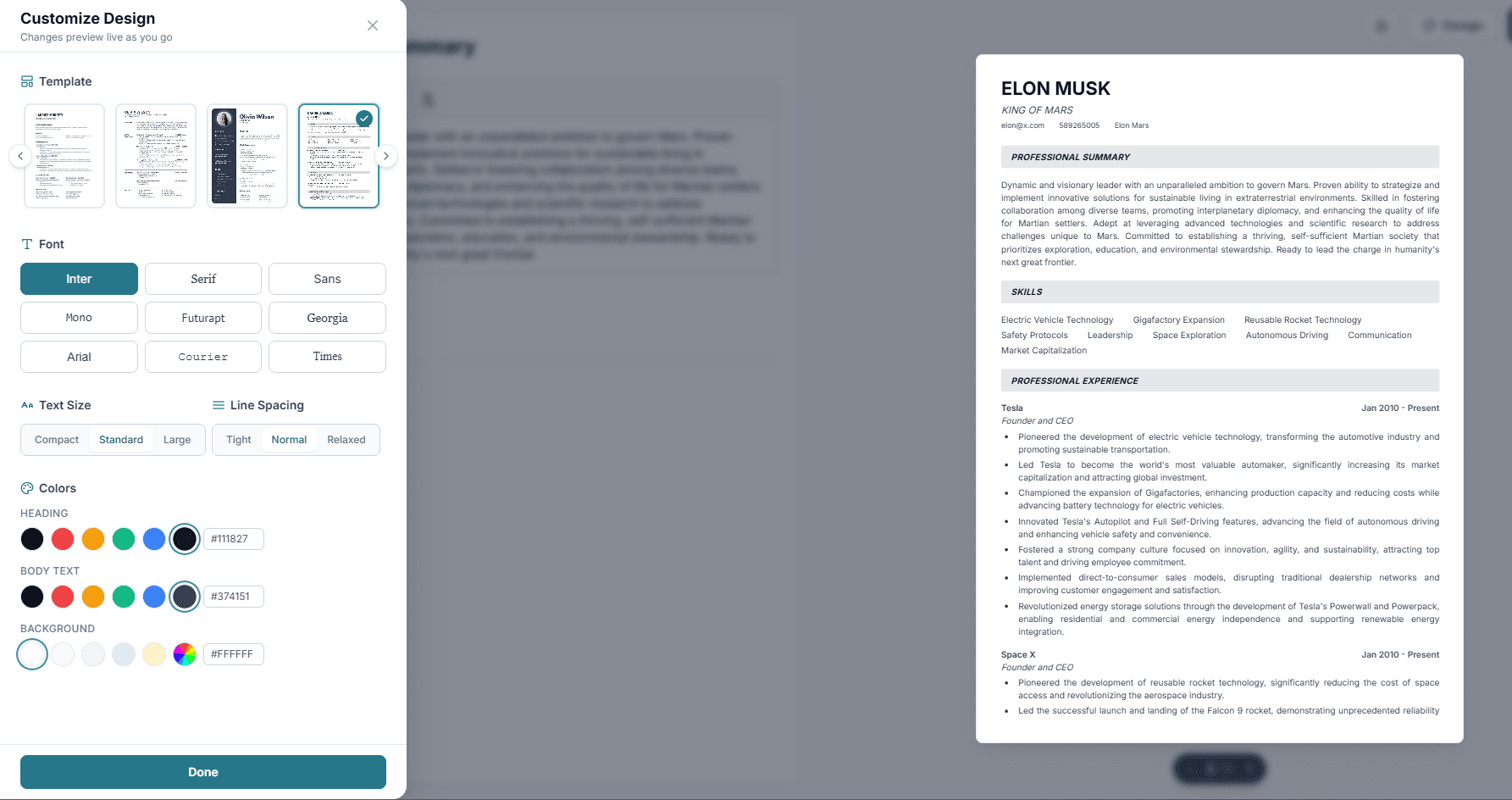 Live design customiser with template, font and colour controls, included on every plan