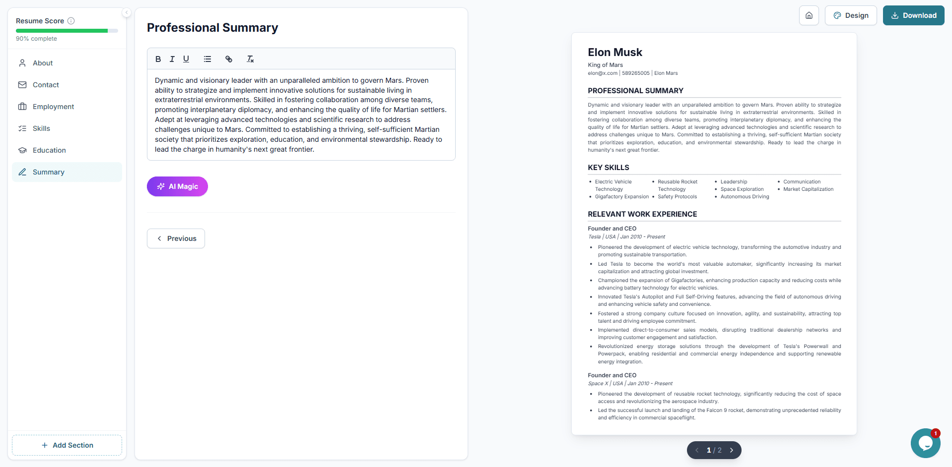 Resume builder editor with AI suggestions and live preview