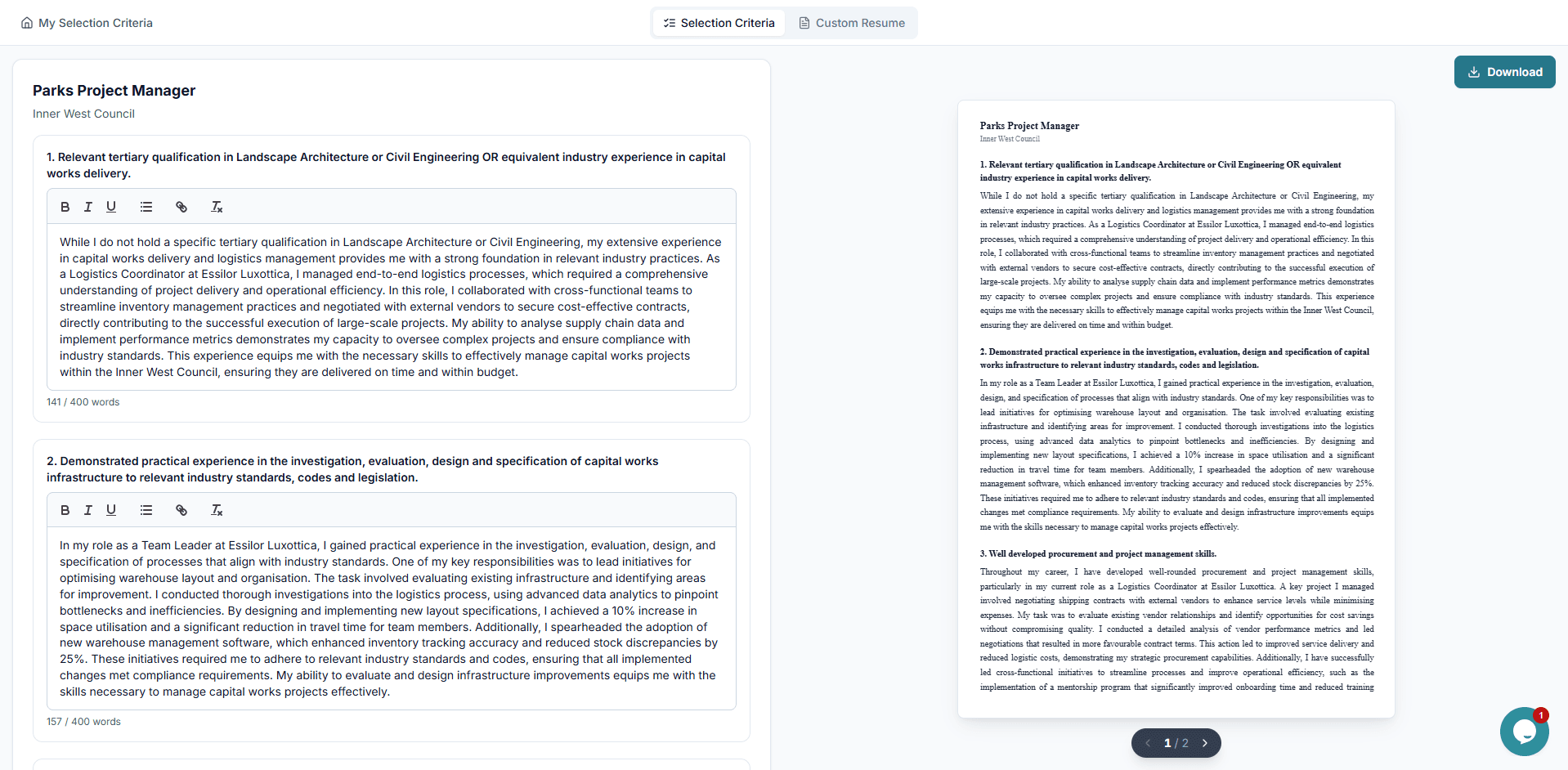 Selection criteria builder drafting a STAR-method response